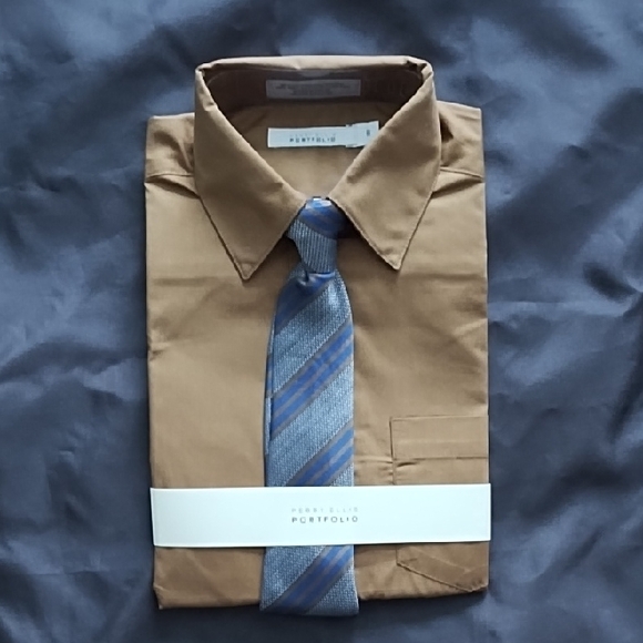 Perry Ellis Portfolio Boy's Tan Shirt with Blue Tie - Picture 1 of 2